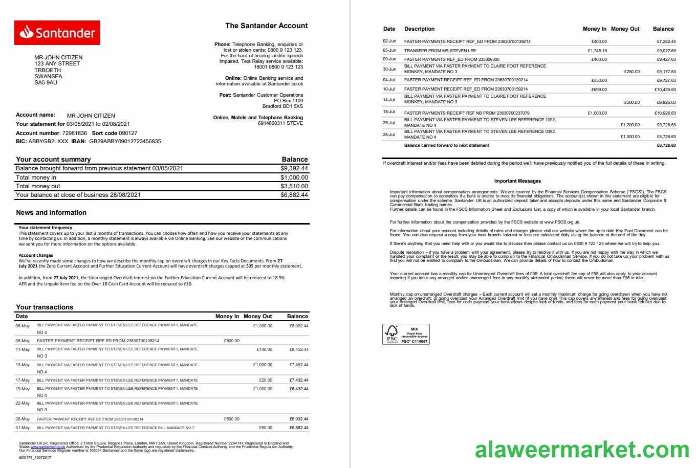 United Kingdom Santander bank statement template in Excel and PDF format (2 pages)